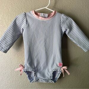 Ruffle Butts 6-12M Periwinkle Blue Seersucker Long Sleeve Rash Guard One Piece